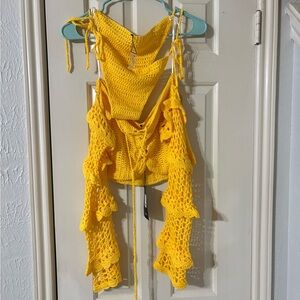 Yellow Crochet Halter Top with Ruffle Details